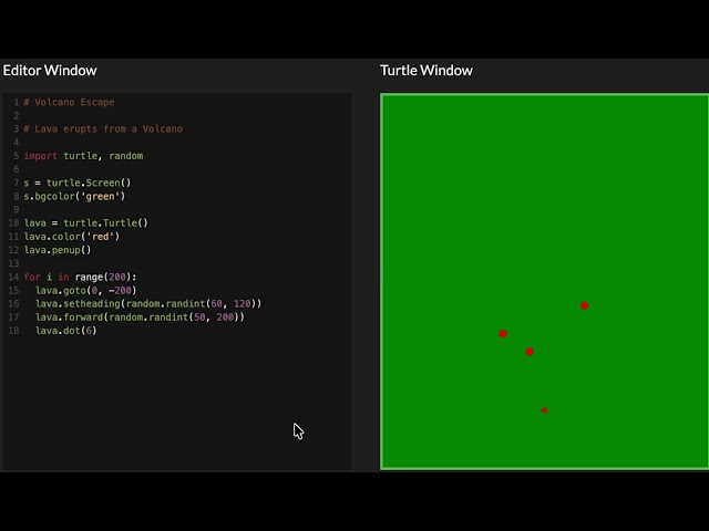 Volcano Escape - Lava erupts from a Volcano in Python Turtle