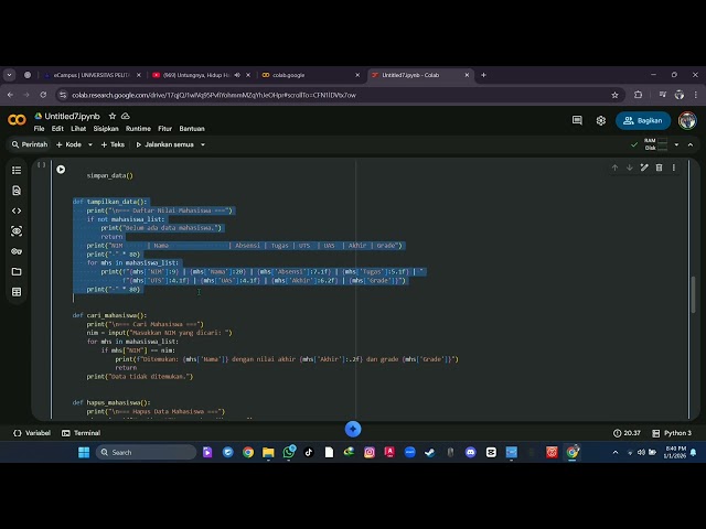 Membuat sistem penyimpanan data mahasiswa, berbasis python dan di jalankan menggunakan Google Colabs