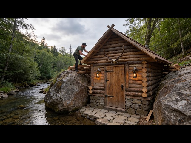 Building a Real Log Survival Cabin in the Wild Forest | Solo Build