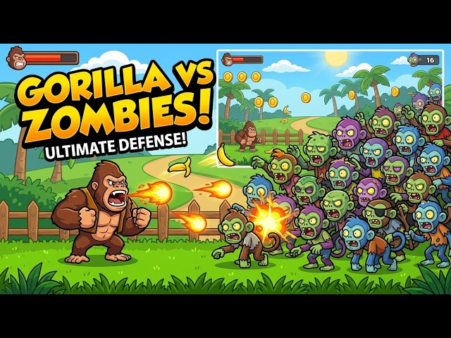 Gorilla Defense! Shooting Fireball Bananas at Zombie Monkeys