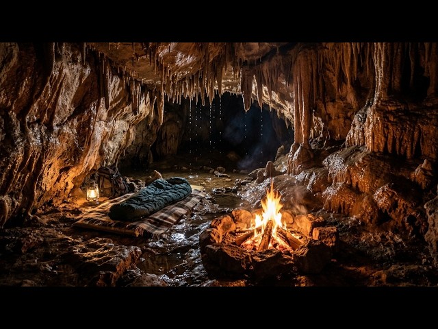 Cave Water Droplets & Campfire at Night | Cozy Cave Ambience for Sleep (10 Hours)