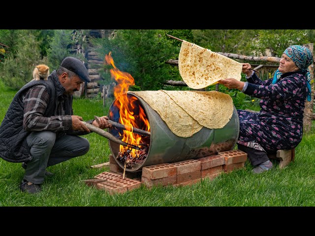 🌶️ Traditional Lavash Bread: Baking Bread on a Barrel Over Wood Fire