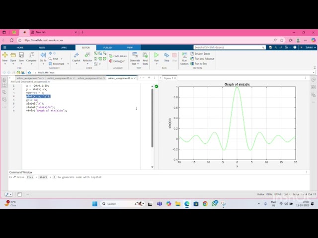 Demonstration of how to make sin(x)/x graph using MATLAB 