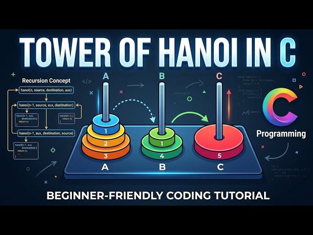 Tower of Hanoi in C | Complete Code Explanation Line by Line | Easy Recursion for Beginners