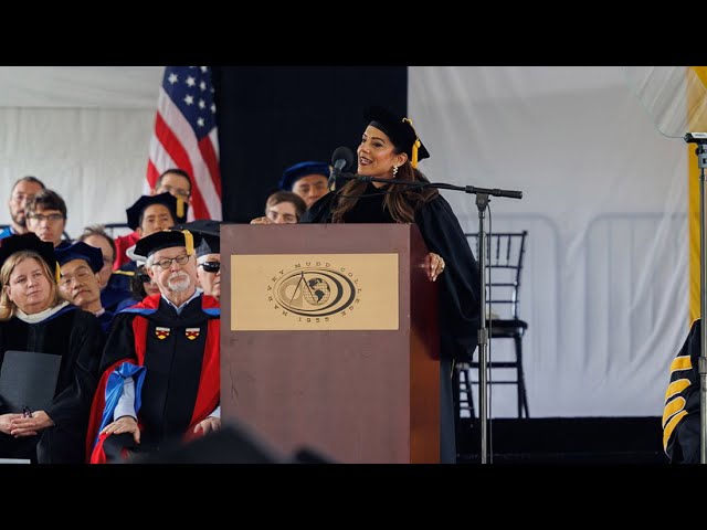 Reshma Saujani delivers the keynote address at Harvey Mudd College's 2025 commencement ceremony.