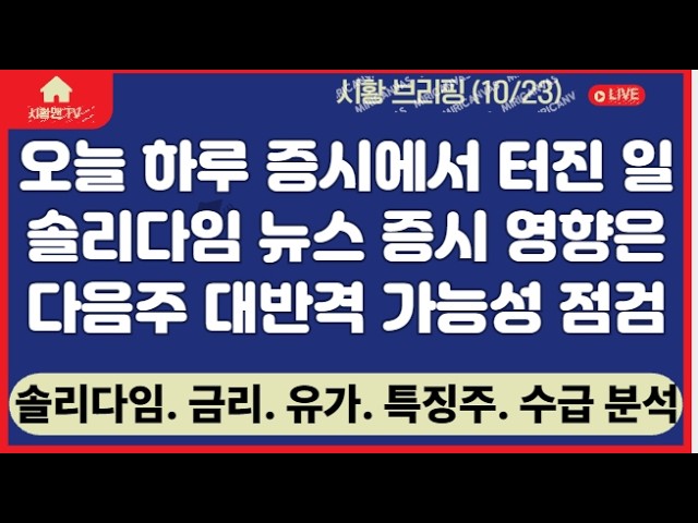 주식 시황. 오늘 하루 증시에서 터진 일. AI 재무, 유가 관련 뉴스 분석. 솔리다임 상장 철회 증시 영향. 다음주 대반격 가능성 점검. 10% 확률로 가버린 코스닥. 다음주는?