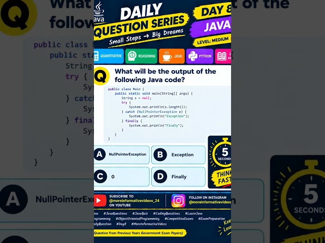 🔥 Day 8 Java Challenge | Try-Catch-Finally Output 😱 | Can You Predict It in 5 Seconds?.#java #coding