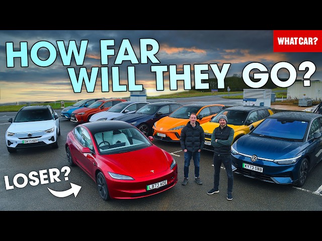 How far can electric cars REALLY go?? – we drive 12 until they DIE! Tesla, BYD & more | What Car?