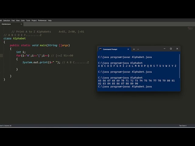 program to print A to Z alphabets in java | java programming