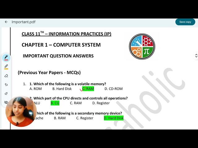 Class 11th | Information Practices (IP) | Ch 1 Computer System | Important MCQs - 1 Mark Explanation