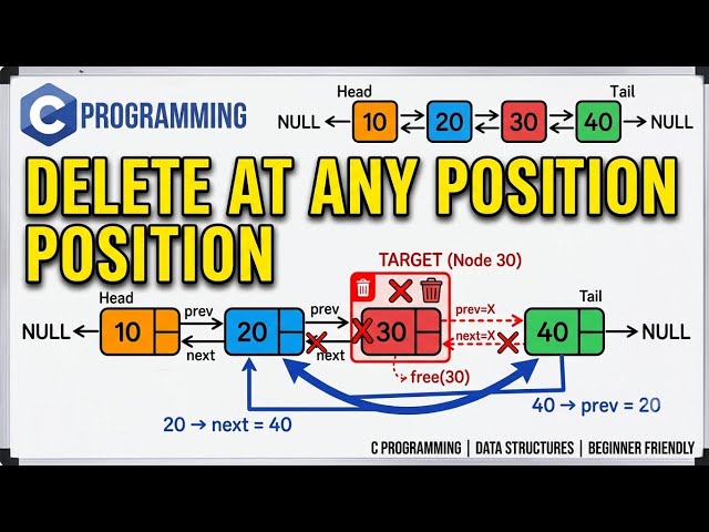 Deletion at Any Position in Doubly Linked List in C | Step-by-Step Explanation with Dry Run | DSA