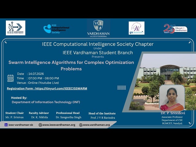 Webinar:Swarm Intelligence Algorithms for Complex Optimization Problems | Dr.P.Sreedevi | IEEECISVCE