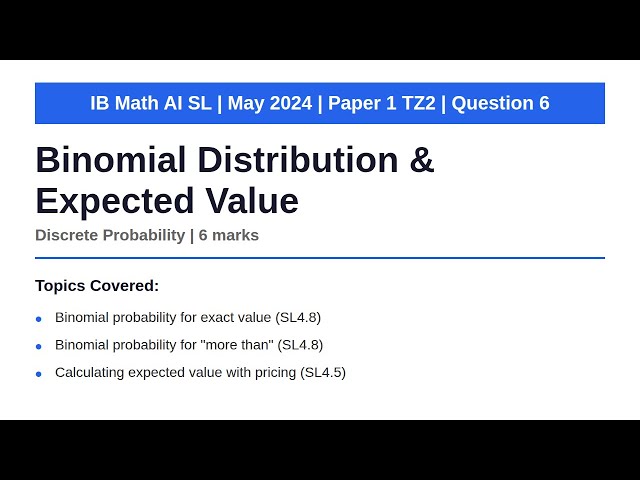 Binomial Distribution & Expected Value | IB Math AI SL | May 2024 Paper 1 TZ2 Q6