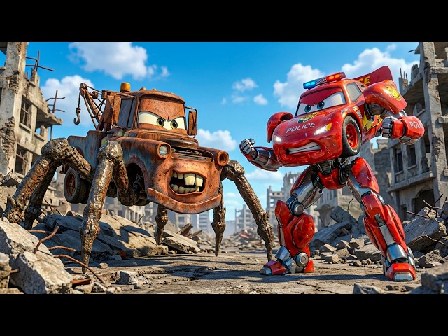 Kitten drives police robot, lightning McQueen and monster truck and giant spider!