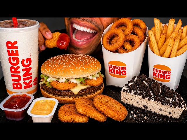ASMR | BURGER KING CHEESEBURGER CHICKEN NUGGETS ONION RINGS FRIES OREO CHEESECAKE | EATING SHOW MUKB