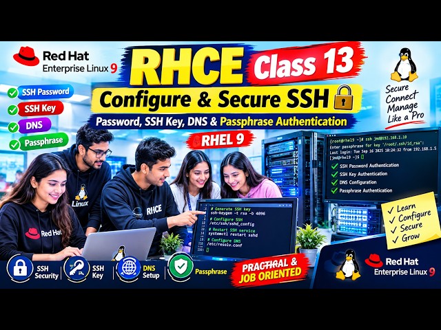 RHCE Class 13 | Configure & Secure SSH 🔐 | Password, SSH Key, DNS & Passphrase Authentication