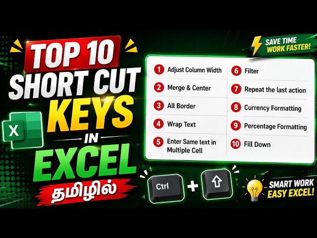 Top 10 Excel Shortcut Keys You Must Know | Excel Tips & Tricks in Tamil 🔥 #excel