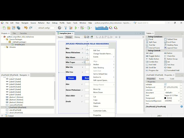 Membuat Aplikasi Pengolahan Nilia Mahasiswa  menggunakan JavaGUI(swing) _ pada Apache NetBeans