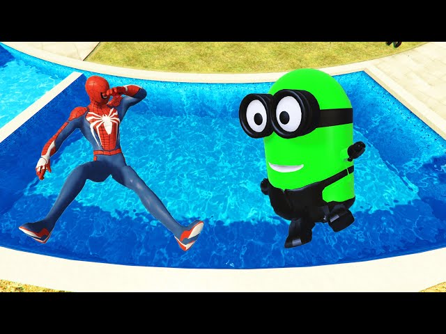 Spiderman & Rainbow Minion Team Pool Parkour in GTA 5 (Funny Moments & Fails)