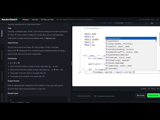 HackerRank Python 30 Days of Code - Day 28: RegEx, Patterns and Intro to Databases