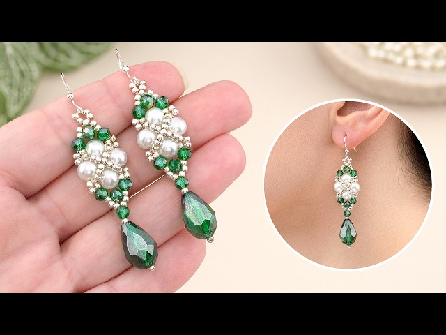 DIY Pearl Crystal Earrings Making at Home using Green Crystals, Silver Seed Beads and White Pearls!