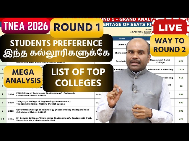 🔴 LIVE | TNEA 2026 | முடிந்தது Round 1 | Students Preference இந்த TOP கல்லூரிகளுக்கே -Way to ROUND 2