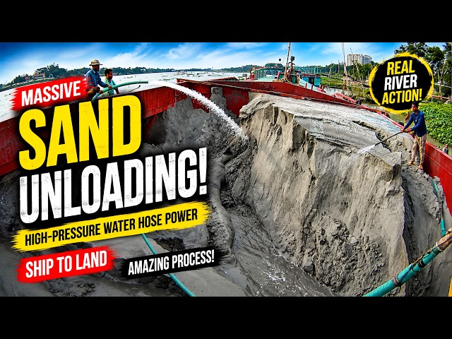 Massive River Sand Unloading Operation Using Powerful Water Jets Inside a Cargo Boat From Shore