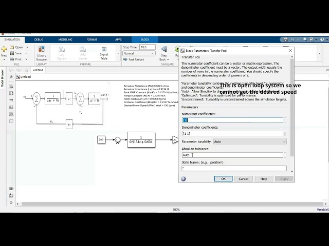 Open loop Simulation of DC motor using transfer function model