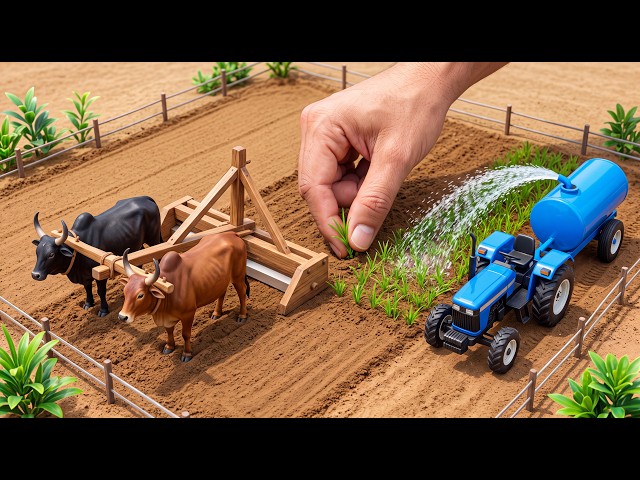DIY Miniature Farming | Oxen Level the Land, Planting Grass & Tractor Watering