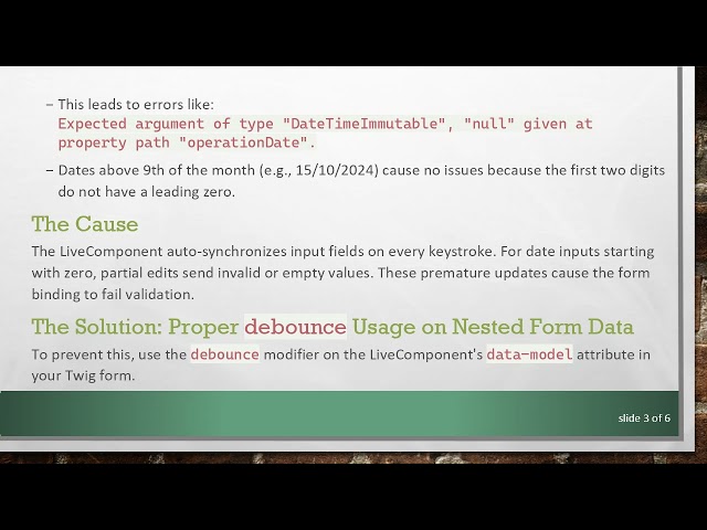 Fixing HTML5 Date Issues in Symfony UX LiveComponent Forms with debounce