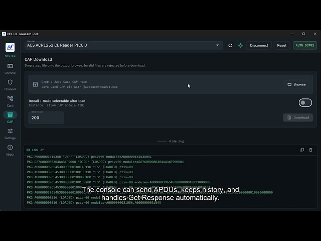 NFCTEC JavaCard Tool — GlobalPlatform Host for Java Card (SCP02 / SCP03)
