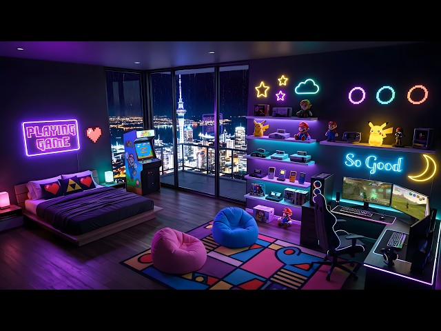 Cozy 90s Gaming Room Vibes 🕹️ Dreamy Lofi Chill Music & Rain Sounds for Deep Sleep & Relax
