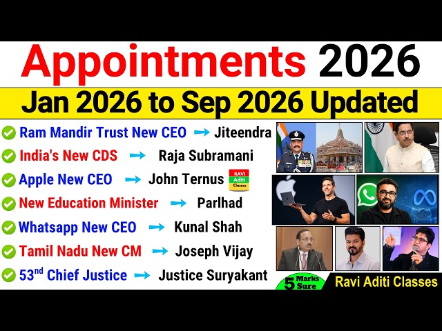 Appointment 2026 Current Affairs | Jan 2026 to Sep 2026 | New Appointment 2026 | Current Affairs