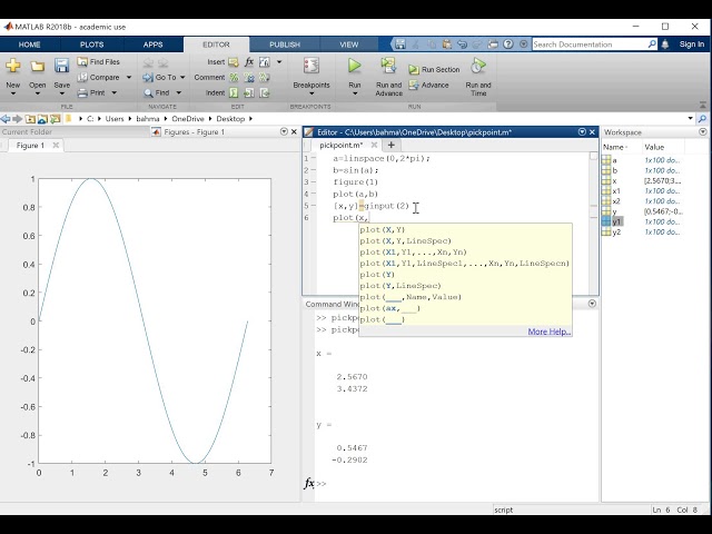 MATLAB for Beginners. How to get the coordinates of points on a plot in Matlab