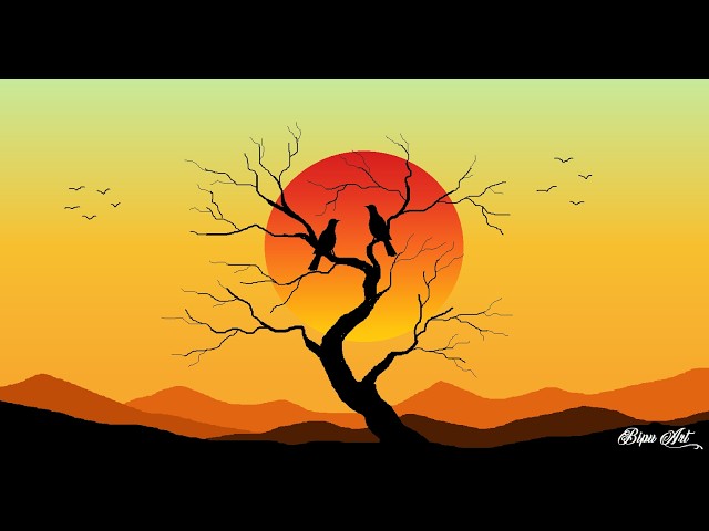 How to  Draw in Ms Paint | Ms Paint Drawing | paint in computer | scenery drawing Sunset Landscape