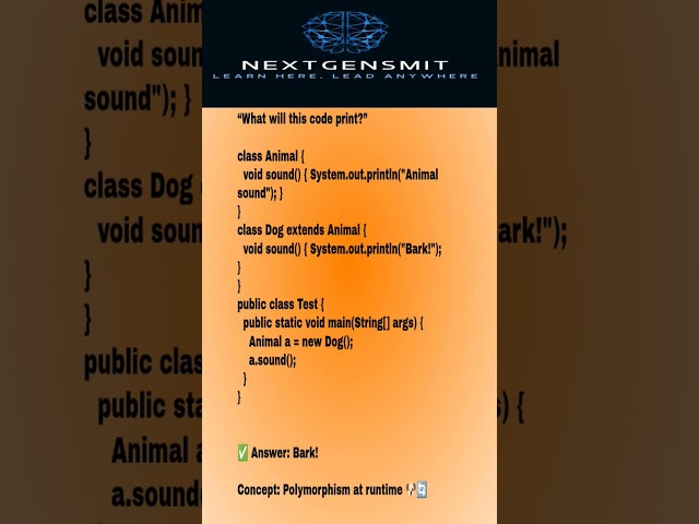 Polymorphism code.#Java #JavaDeveloper #Programming #LearnJava #CodingShorts #JavaInterview