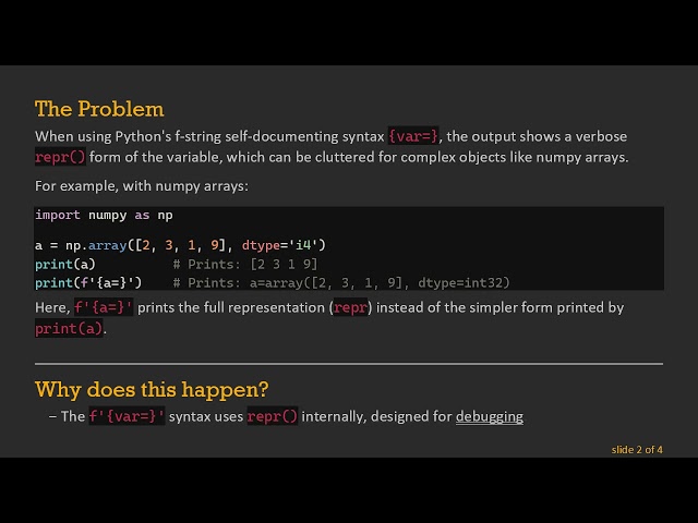 Reducing Verbosity of self-documenting Expressions in Python f-strings
