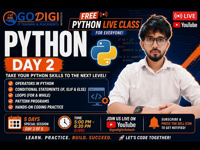 🔴 FREE Python Live Class | Day 2 | Python Programming for Beginners | Learn Python from Scratch |