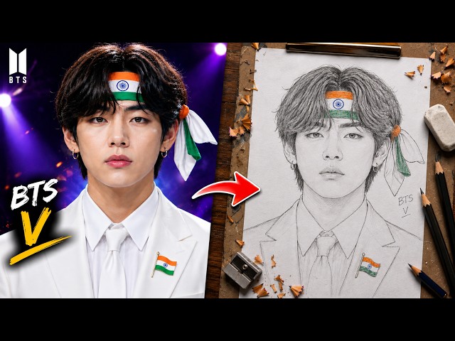 🇮🇳 Can I Draw BTS V with the Indian Flag in 7 Minutes? | 15 August Challenge #bts#btsv