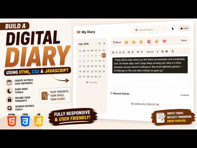 📔 Digital Diary Using HTML, CSS & JavaScript | Personal Notes & Journal Web App