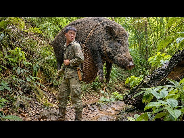 Solo Survival Adventure: Tracking Wild Boars, Bamboo Shoots & Primitive Trapping