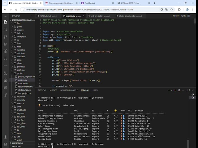 Dirk Michel | CS50P Final Project - Wohnmobil-Stellplatz Finder Deutschland