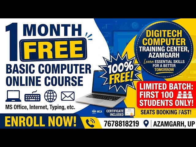 🚀 1 Month FREE Basic Computer Online Course! 💻🔥Digitech Computer Training Center