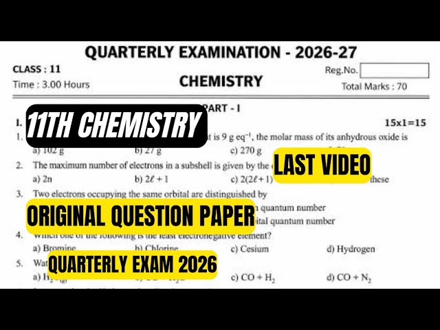 11th Chemistry original quarterly question paper 2026