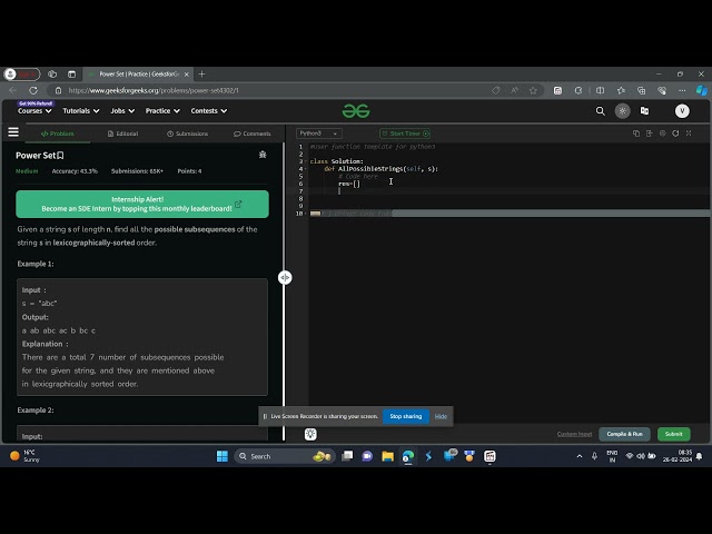 Power Set GFG POTD Python Solution Geeks for Geeks problem of the day python solution recursion