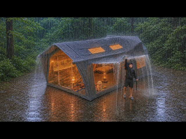 24 Hours Camping in Heavy Rain with My Dog . 3-Room Inflatable Tent . Sound of Rain ASMR