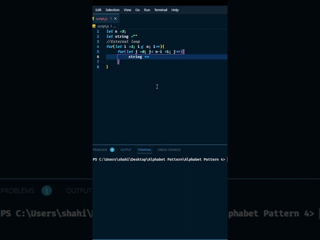 Alphabet Pattern 4 in javascript using for loop