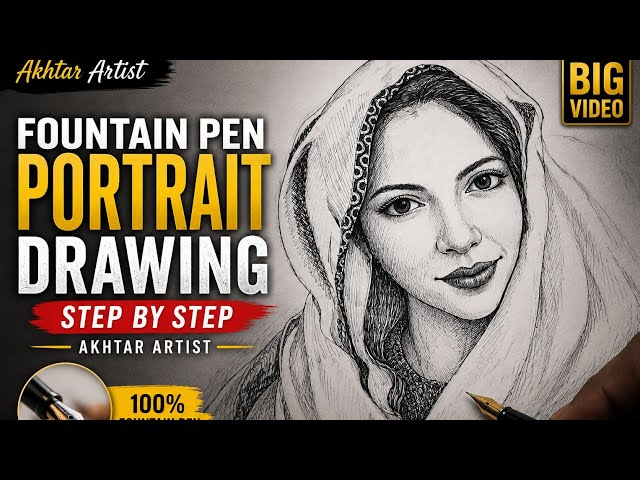 🖋️ Fountain Pen Portrait Drawing | Step by Step