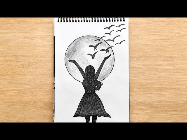  Beautiful Girl Under Moon Pencil Sketch | Easy Drawing Tutorial 