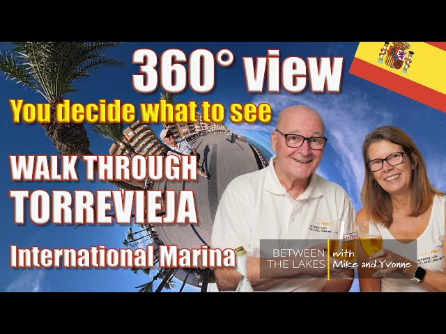 Peaceful Sea at Torrevieja and International Marina walking tour, Costa Blanca, Spain. 360° Video